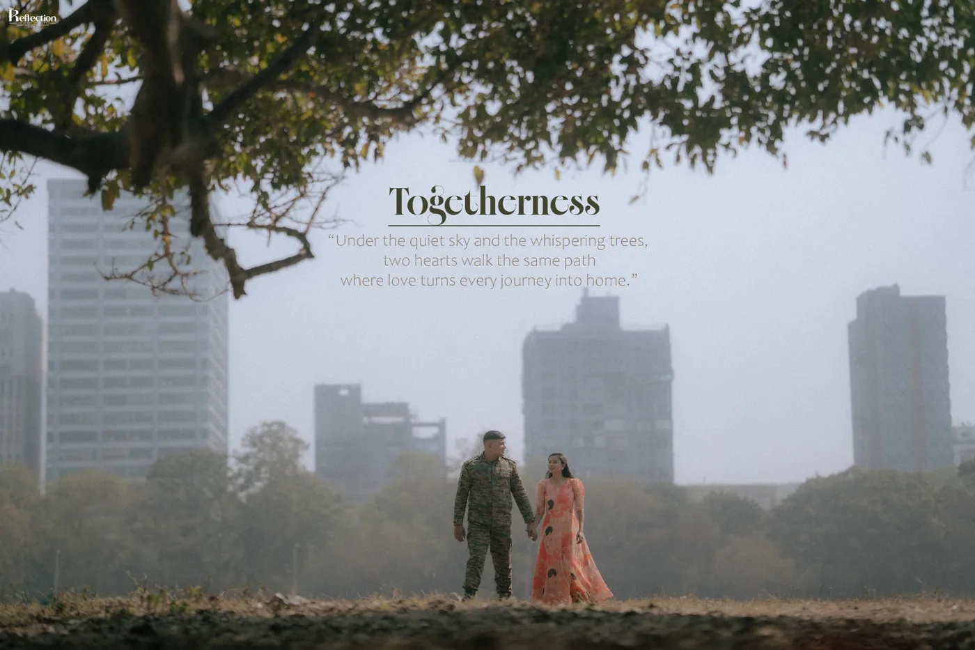Couple walking through a quiet city landscape at dusk